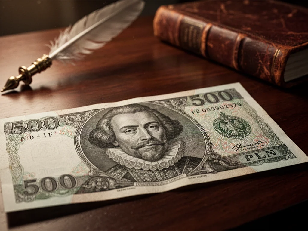 Zbliżenie na portret króla Jana III Sobieskiego na banknocie 500 zł, leżącym na drewnianym biurku obok pióra i starej księgi.