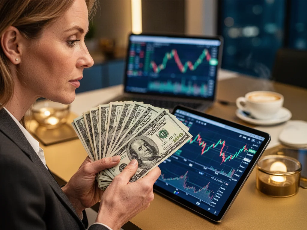 Kobieta trzymająca plik dolarów i analizująca wykresy walutowe na tablecie w nowoczesnym biurze.