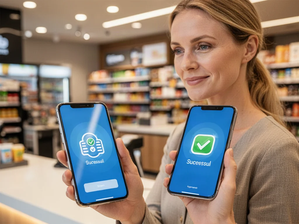 Kobieta trzymająca smartfon z ikoną udanej płatności przy kasie w sklepie, symbolizująca szybki przelew w Żabce.