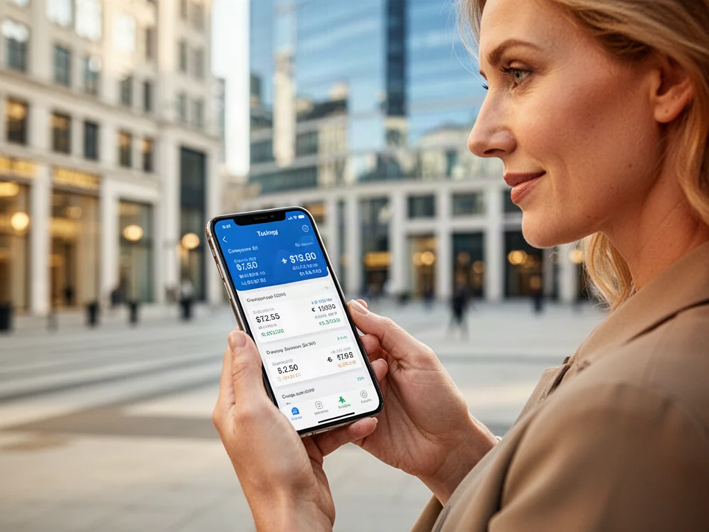 Kobieta trzymająca smartfon z aplikacją do przeliczania walut na tle nowoczesnej dzielnicy finansowej.