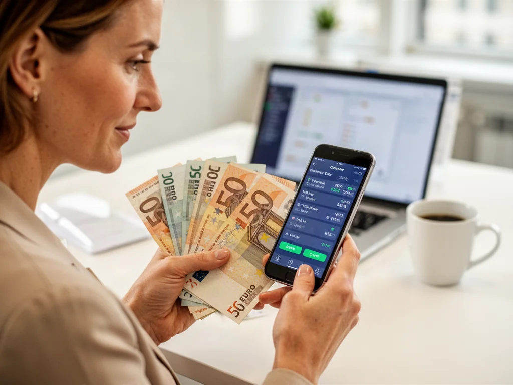 Kobieta sprawdza kurs euro w aplikacji na smartfonie, trzymając w dłoniach banknoty przy biurku w biurze.