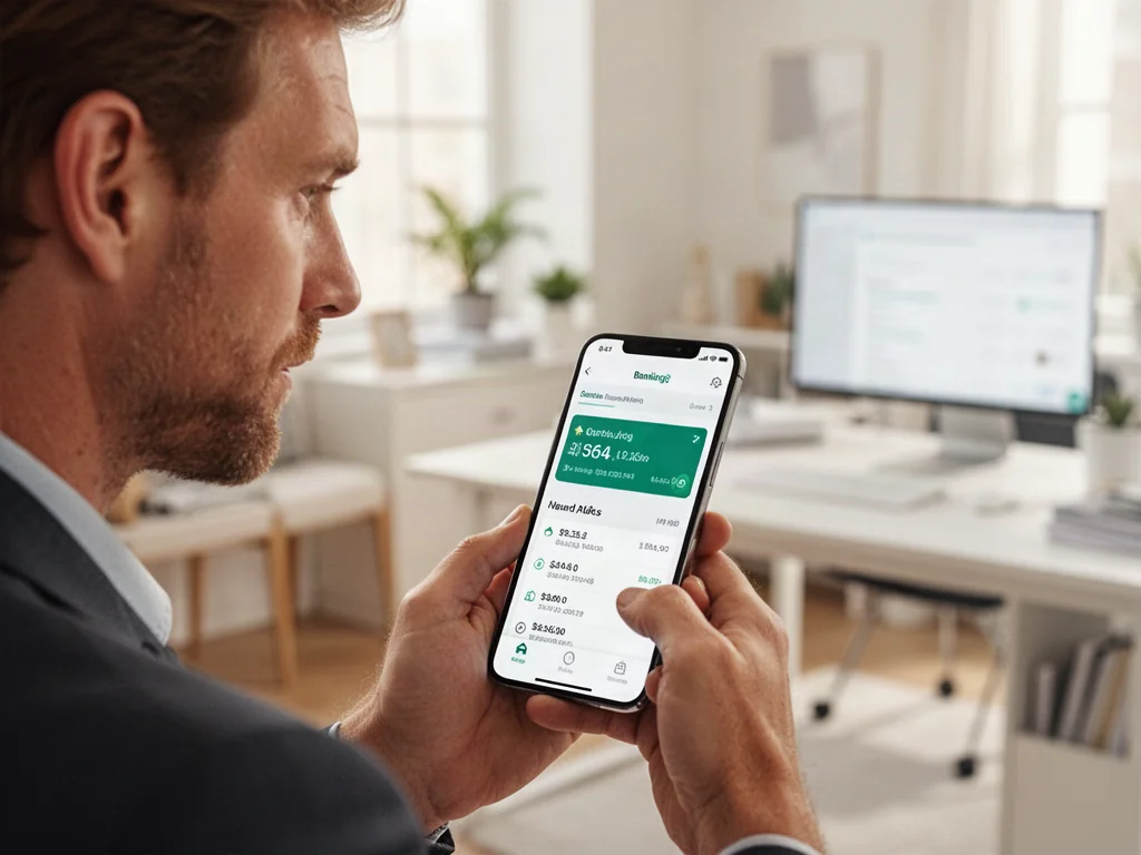 Mężczyzna sprawdza stan konta w aplikacji bankowej na smartfonie w jasnym, domowym biurze.