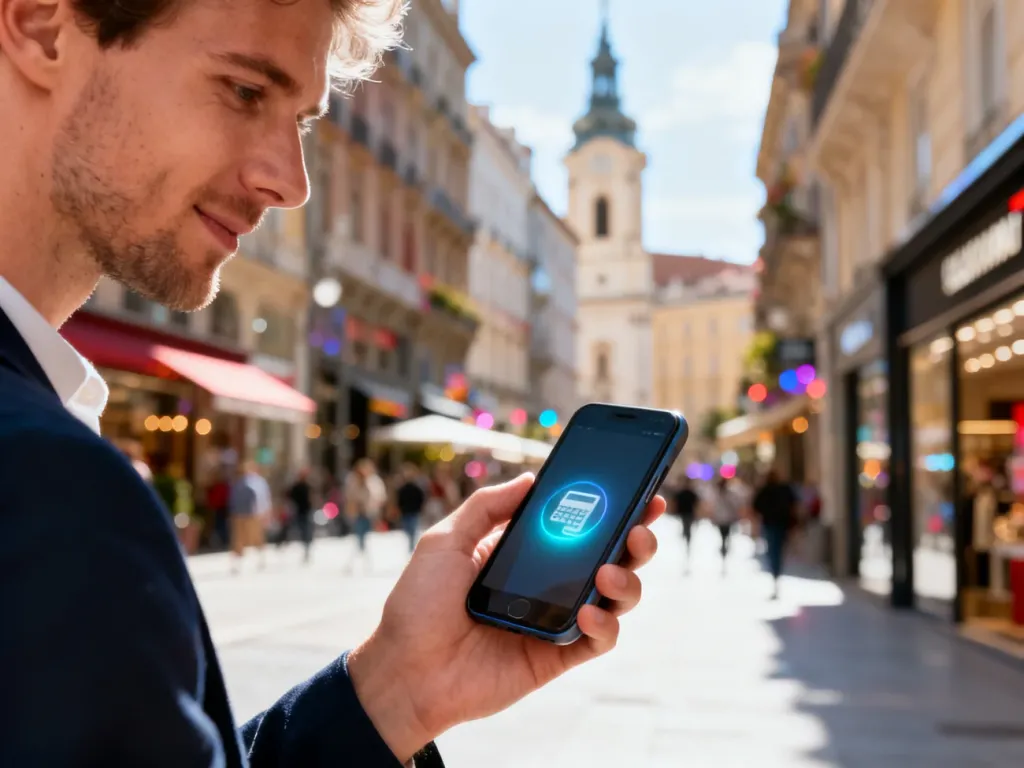 Mężczyzna trzymający smartfon na tle europejskiego miasta, symbolizujący wygodę płatności mobilnych BLIK.