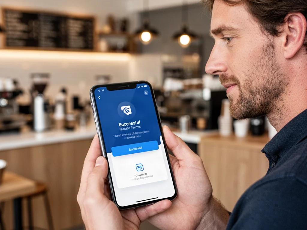 Mężczyzna trzymający smartfon z potwierdzeniem płatności mobilnej w kawiarni.