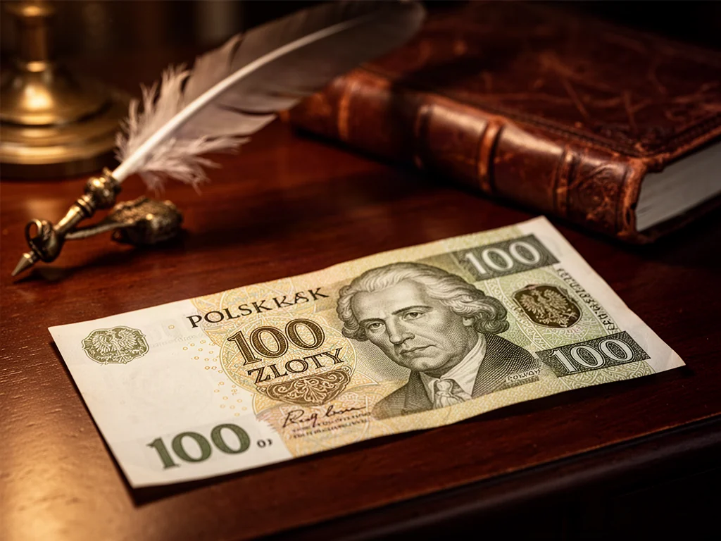 Banknot 100 złotych leżący na drewnianym biurku w otoczeniu pióra i dziennika, podkreślający historyczny charakter waluty.