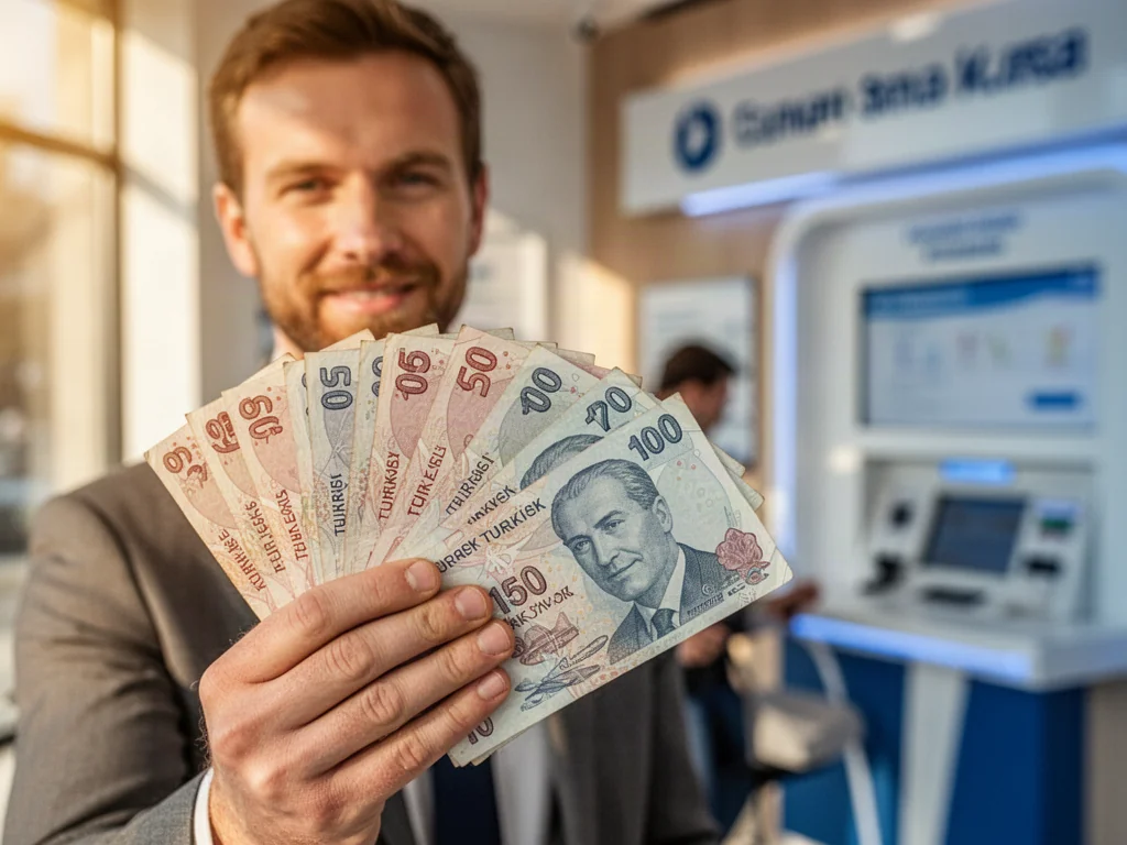 Mężczyzna trzymający w dłoniach plik banknotów liry tureckiej na tle kantoru.