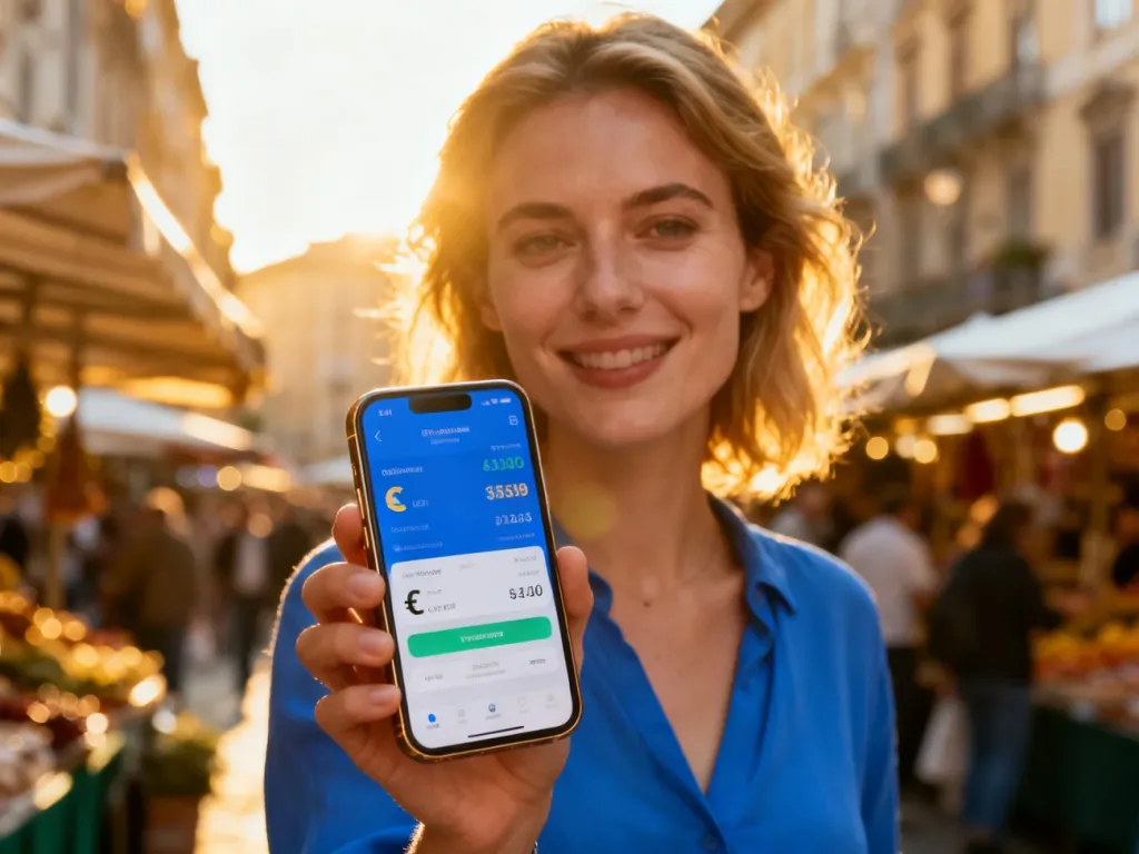 Kobieta trzymająca smartfon z aplikacją do przeliczania walut na tle tętniącego życiem europejskiego targu.