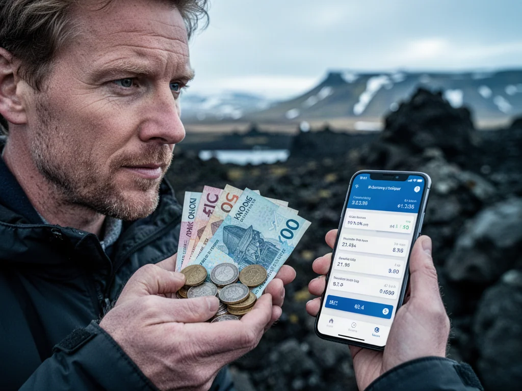 Mężczyzna trzymający islandzkie monety oraz smartfon z aplikacją do przeliczania walut na tle islandzkiego krajobrazu.