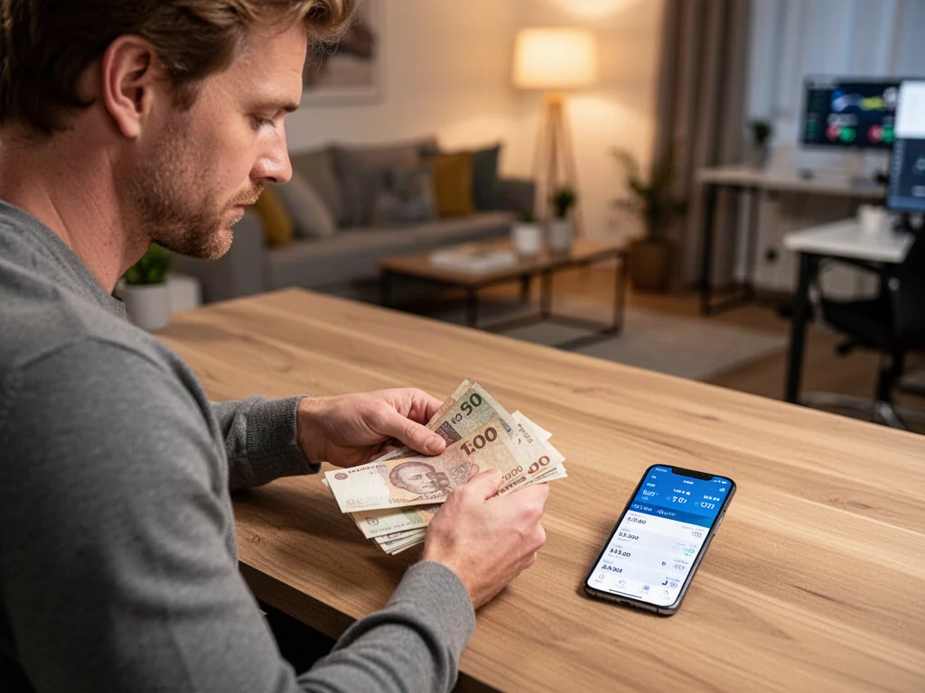 Mężczyzna przelicza czeskie korony przy biurku z aplikacją do wymiany walut na smartfonie.