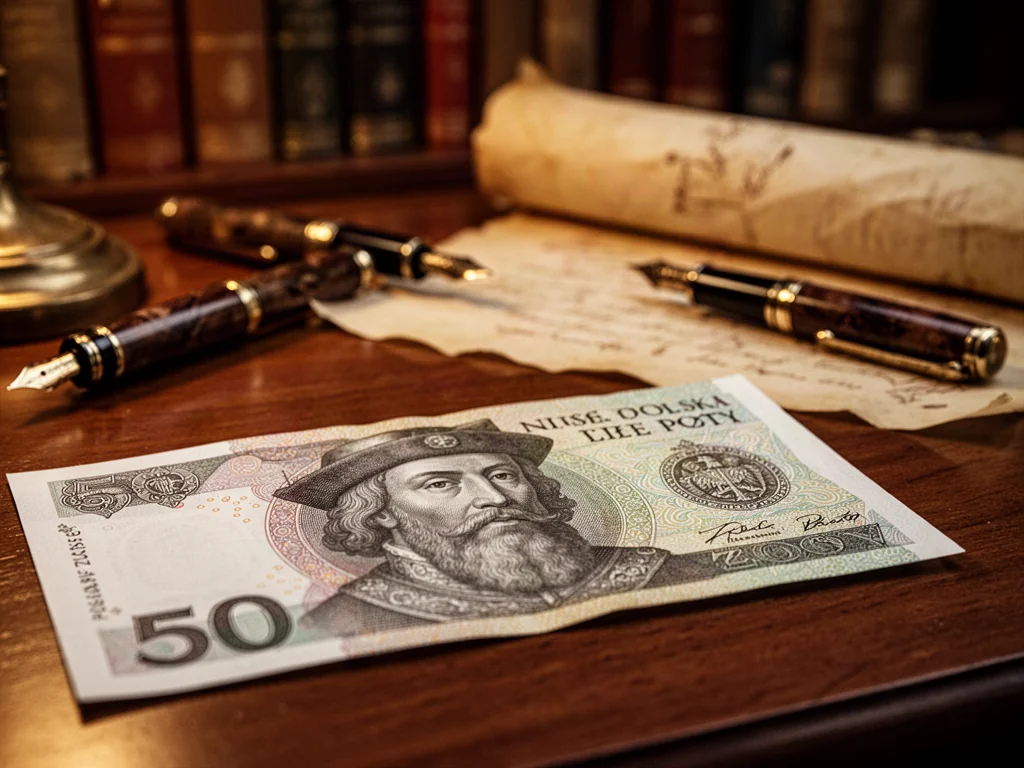 Banknot 50 złotych z wizerunkiem Kazimierza Wielkiego na tle zabytkowych piór i pergaminu w ciepłym, eleganckim oświetleniu.