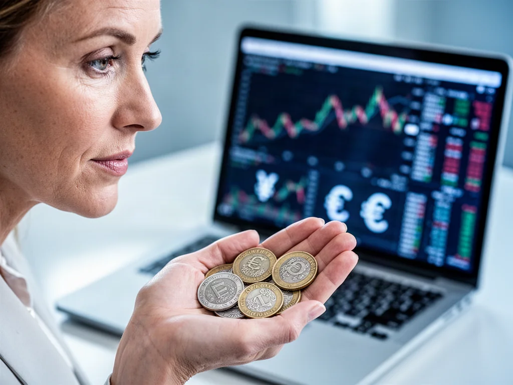 Kobieta trzymająca w dłoni duńskie korony na tle wykresów finansowych wyświetlanych na laptopie.