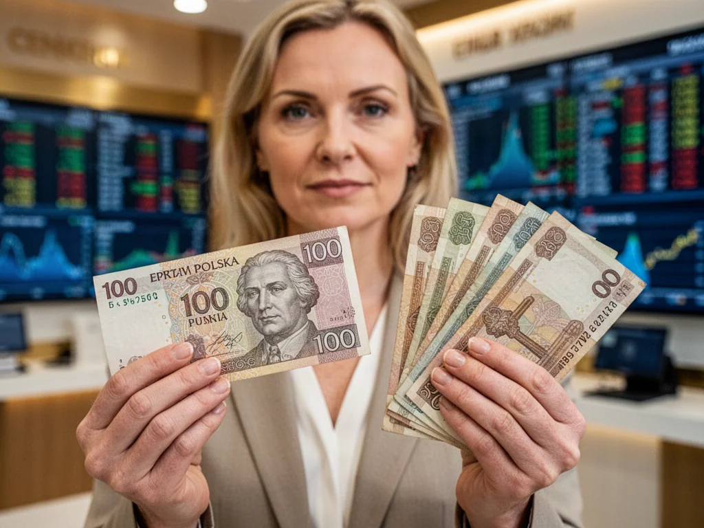 Kobieta trzymająca w dłoniach banknoty 100 złotych oraz hrywny na tle kantoru, obrazująca wymianę walut.