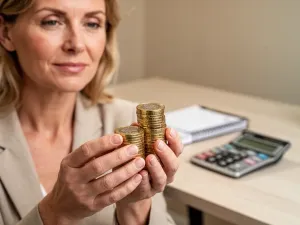 Mężczyzna przy biurku sprawdza kursy walut w aplikacji na smartfonie, z wykresami finansowymi w tle.