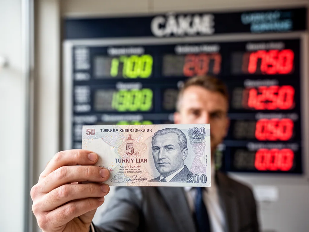Mężczyzna trzymający w dłoni banknot liry tureckiej na tle tablicy z kursami walut.
