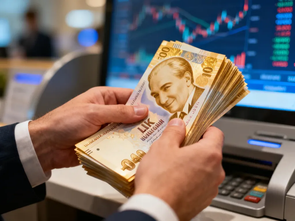 Dłonie trzymające plik banknotów liry tureckiej na tle kantoru z wykresami finansowymi.